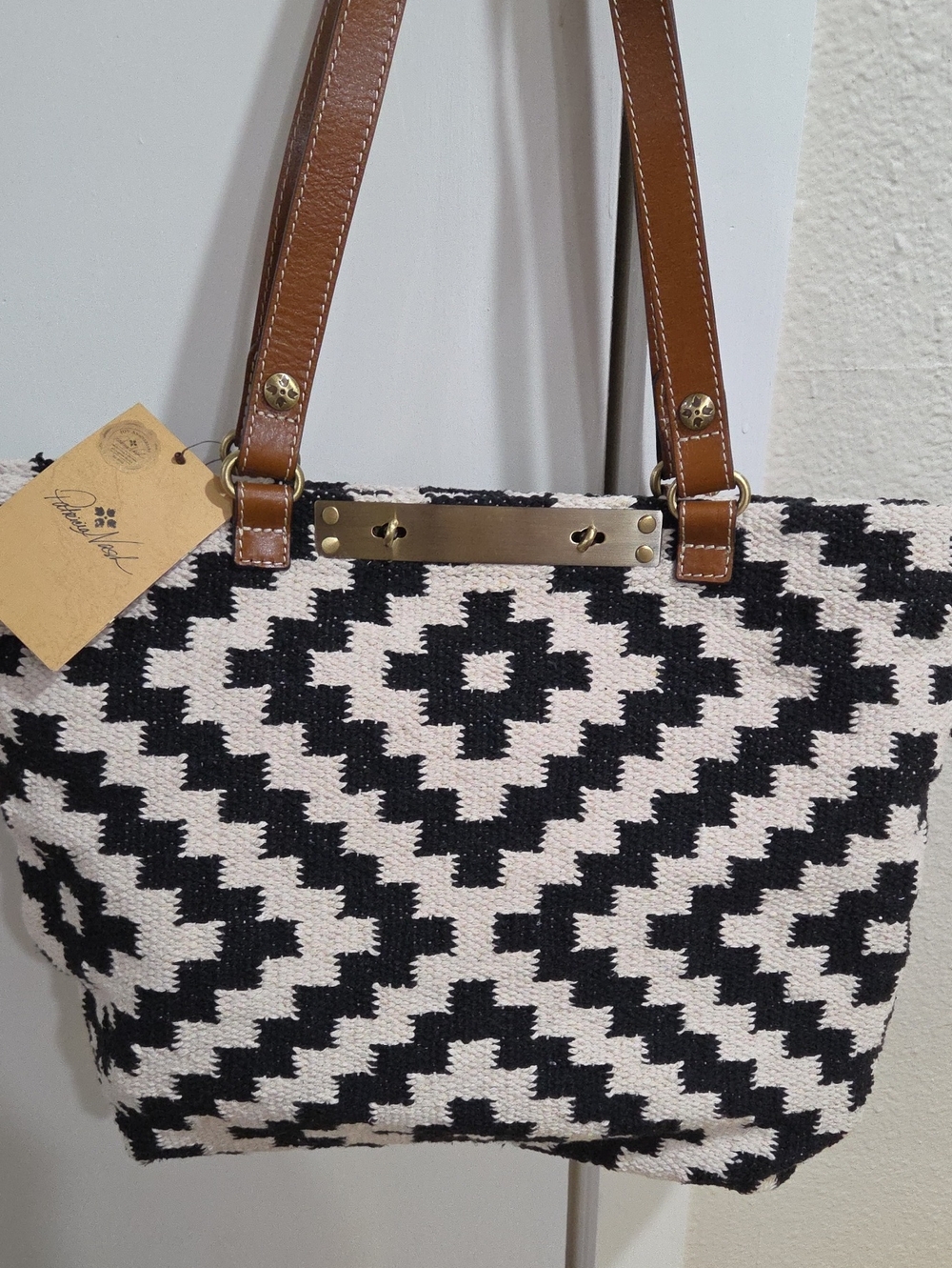 Patricia Nash Hand Loomed Woven Black & White Geometric Tote with Brown Handles